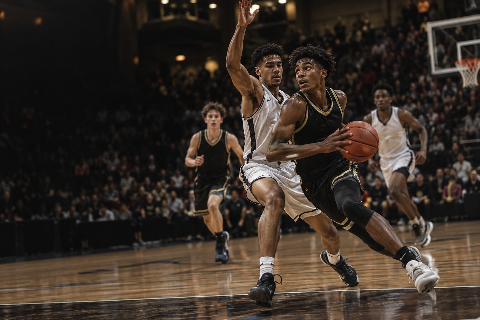 Basketball players competing on court